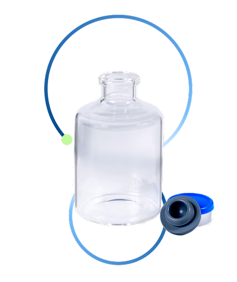 Ready-to-Fill product view of empty vial, stopper and seal